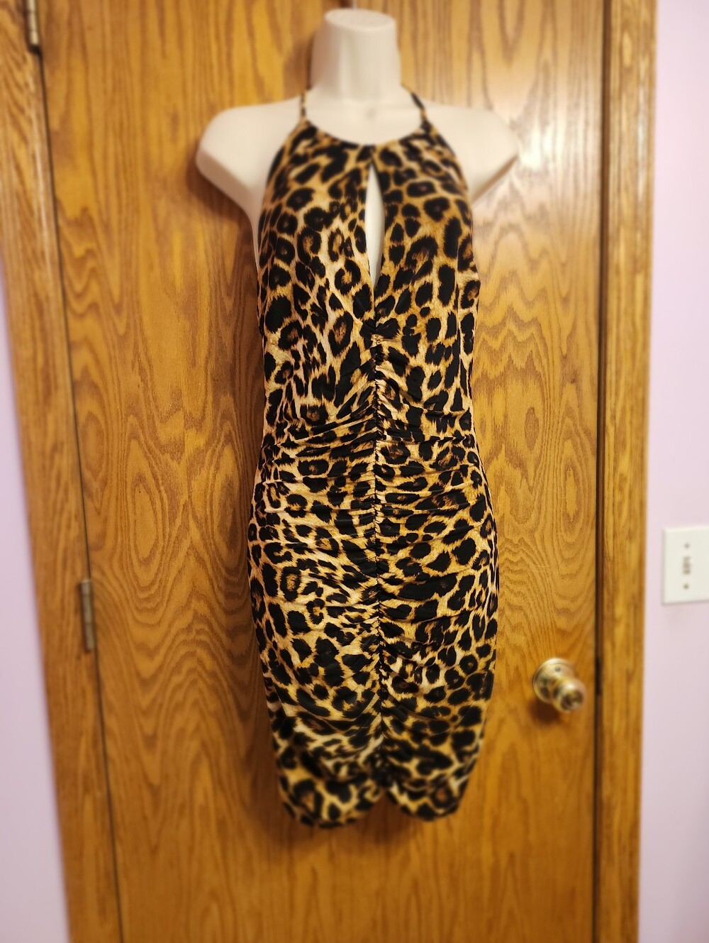 Leopard Print Halter Bodycon Dress - Brown/Black Sz Lg NWT